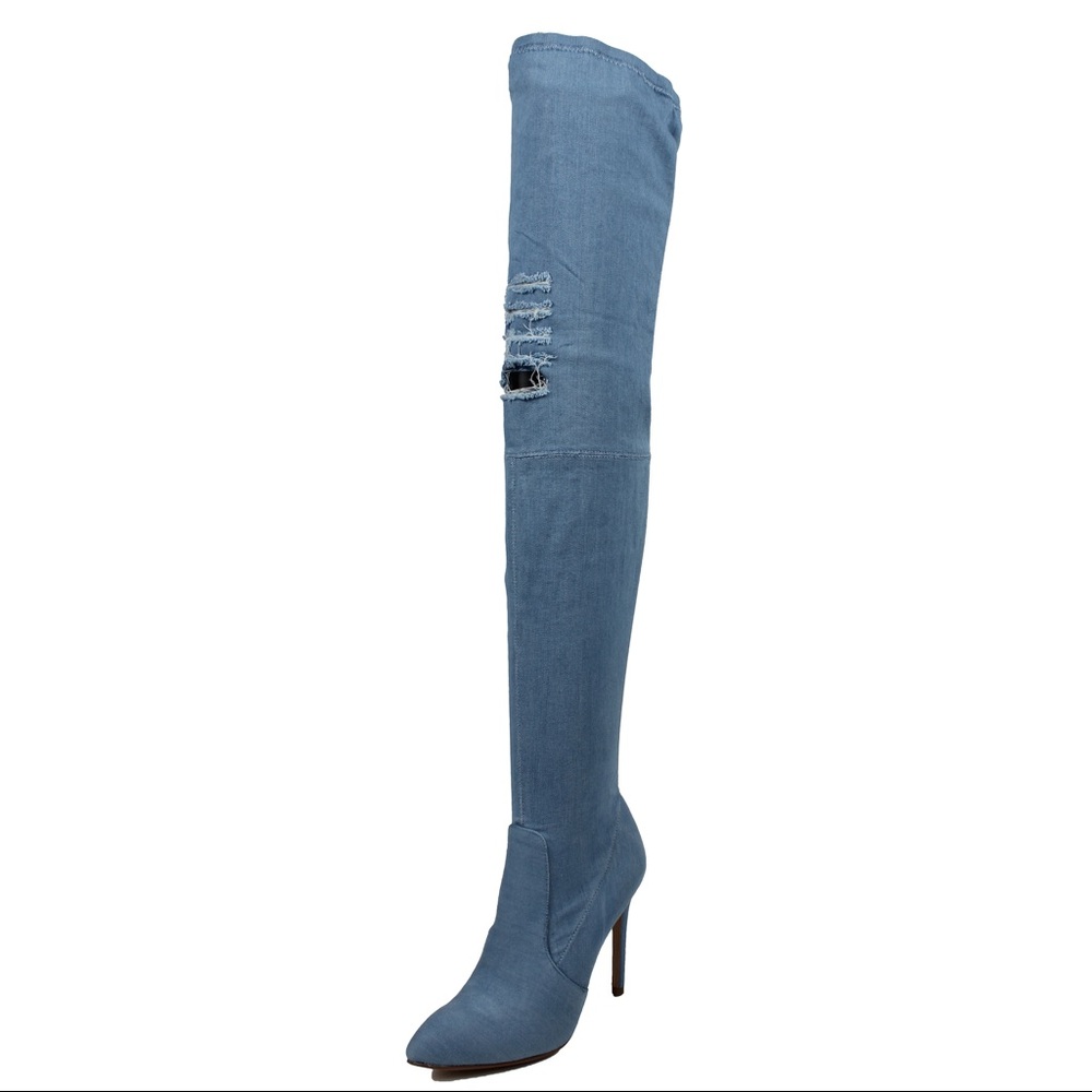 Light blue denim ripped jean over the knee boot